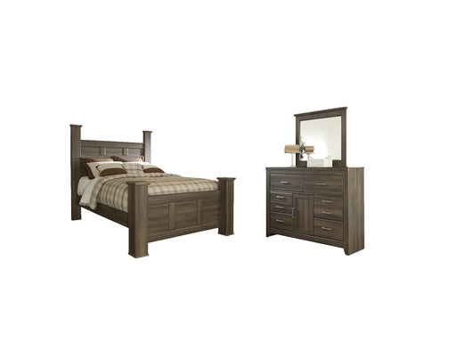 Juararo Queen Poster Bed with Mirrored Dresser Huntsville Furniture Outlet