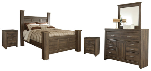 Juararo Queen Poster Bed with Mirrored Dresser and 2 Nightstands Huntsville Furniture Outlet