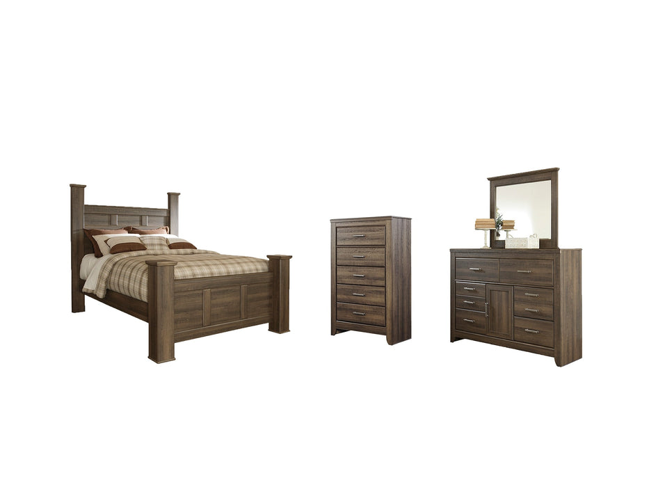 Juararo Queen Poster Bed with Mirrored Dresser and Chest Huntsville Furniture Outlet