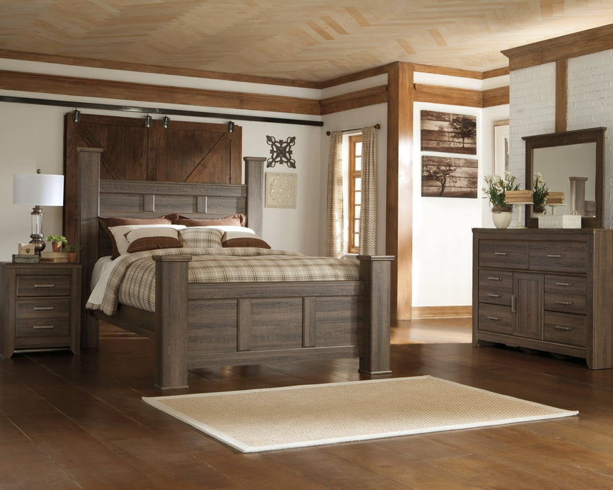 Juararo Queen Poster Bed with Mirrored Dresser and Chest Huntsville Furniture Outlet