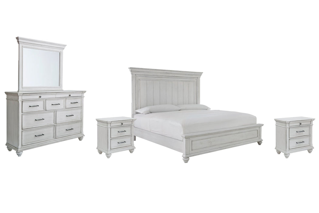 Kanwyn King Panel Bed with Mirrored Dresser and 2 Nightstands Huntsville Furniture Outlet