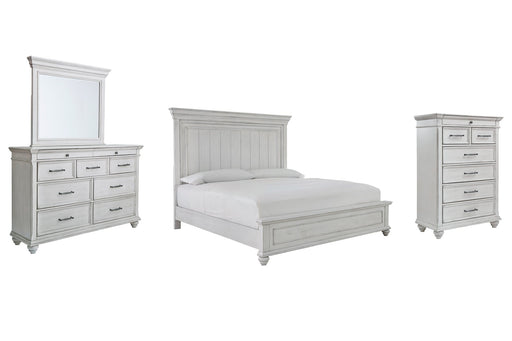 Kanwyn King Panel Bed with Mirrored Dresser and Chest Huntsville Furniture Outlet