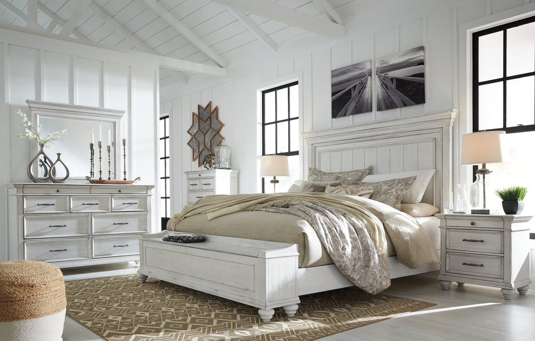 Kanwyn King Panel Bed with Storage with Mirrored Dresser, Chest and 2 Nightstands Huntsville Furniture Outlet