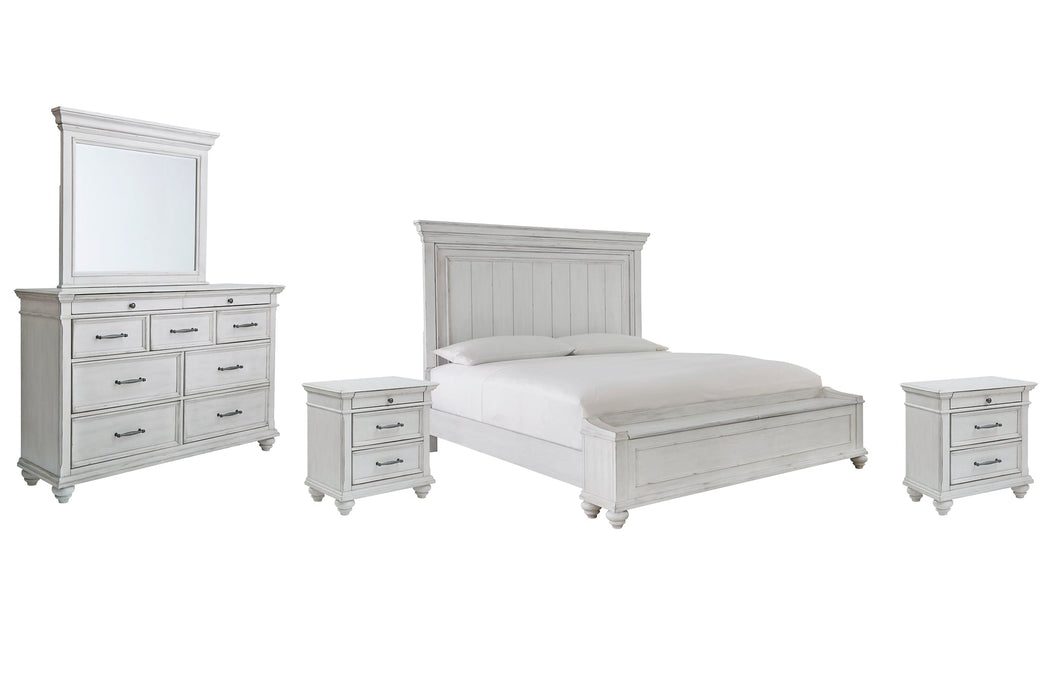 Kanwyn King Panel Bed with Storage with Mirrored Dresser and 2 Nightstands Huntsville Furniture Outlet