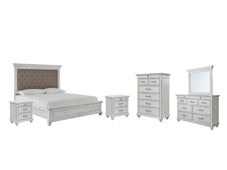 Kanwyn Queen Panel Bed with Mirrored Dresser, Chest and 2 Nightstands Huntsville Furniture Outlet