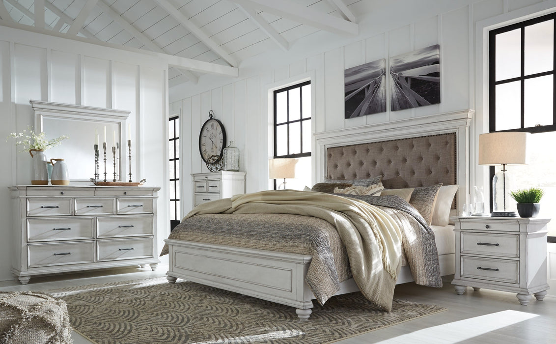 Kanwyn Queen Panel Bed with Mirrored Dresser and Chest Huntsville Furniture Outlet