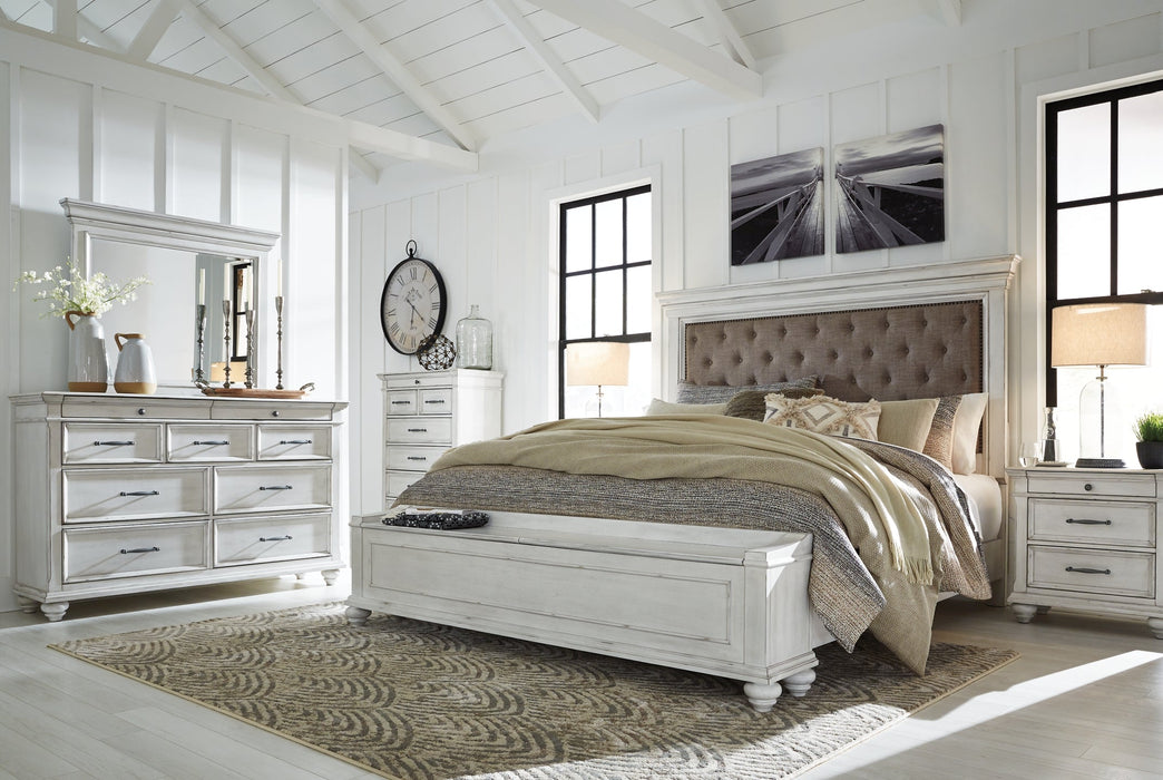 Kanwyn Queen Panel Bed with Storage with Mirrored Dresser and 2 Nightstands Huntsville Furniture Outlet