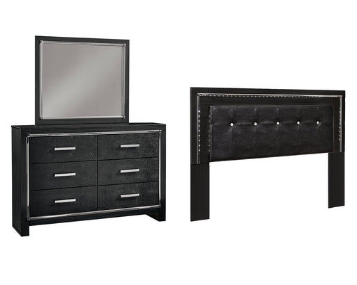 Kaydell King/California King Upholstered Panel Headboard with Mirrored Dresser Huntsville Furniture Outlet