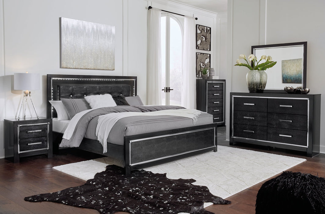 Kaydell King/California King Upholstered Panel Headboard with Mirrored Dresser and 2 Nightstands Huntsville Furniture Outlet