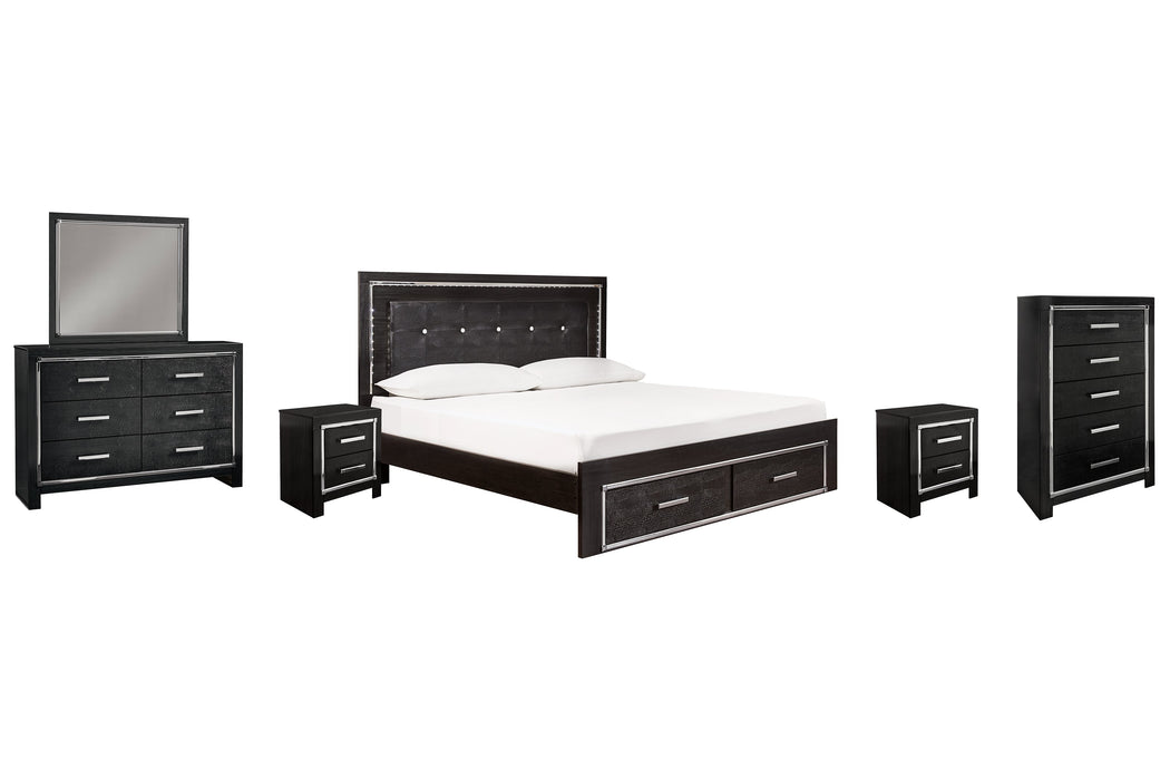 Kaydell King Panel Bed with Storage with Mirrored Dresser, Chest and 2 Nightstands Huntsville Furniture Outlet