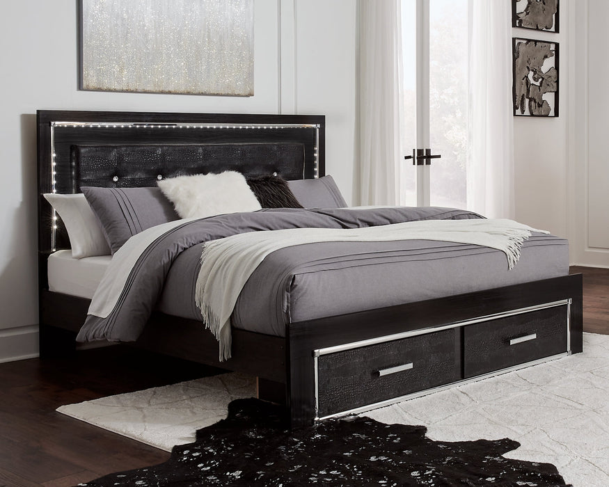 Kaydell King Panel Bed with Storage with Mirrored Dresser, Chest and 2 Nightstands Huntsville Furniture Outlet