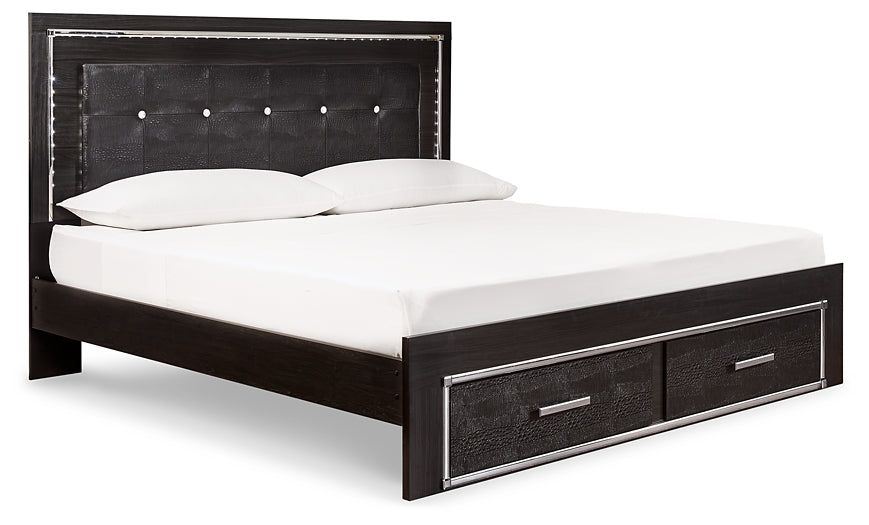 Kaydell King Panel Bed with Storage with Mirrored Dresser, Chest and 2 Nightstands Huntsville Furniture Outlet