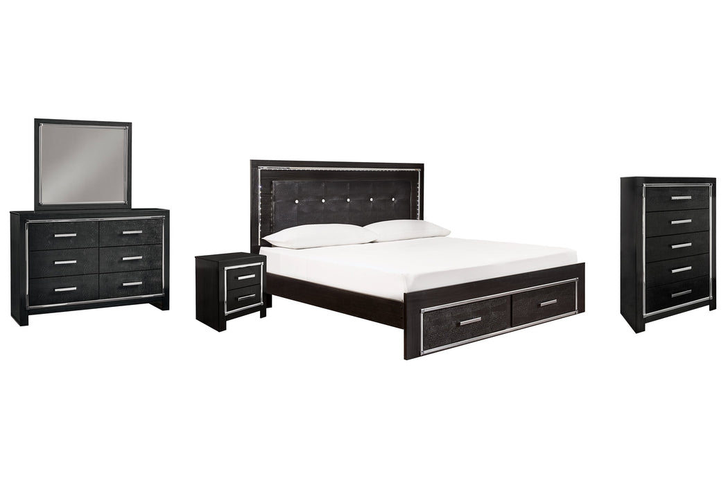 Kaydell King Panel Bed with Storage with Mirrored Dresser, Chest and Nightstand Huntsville Furniture Outlet