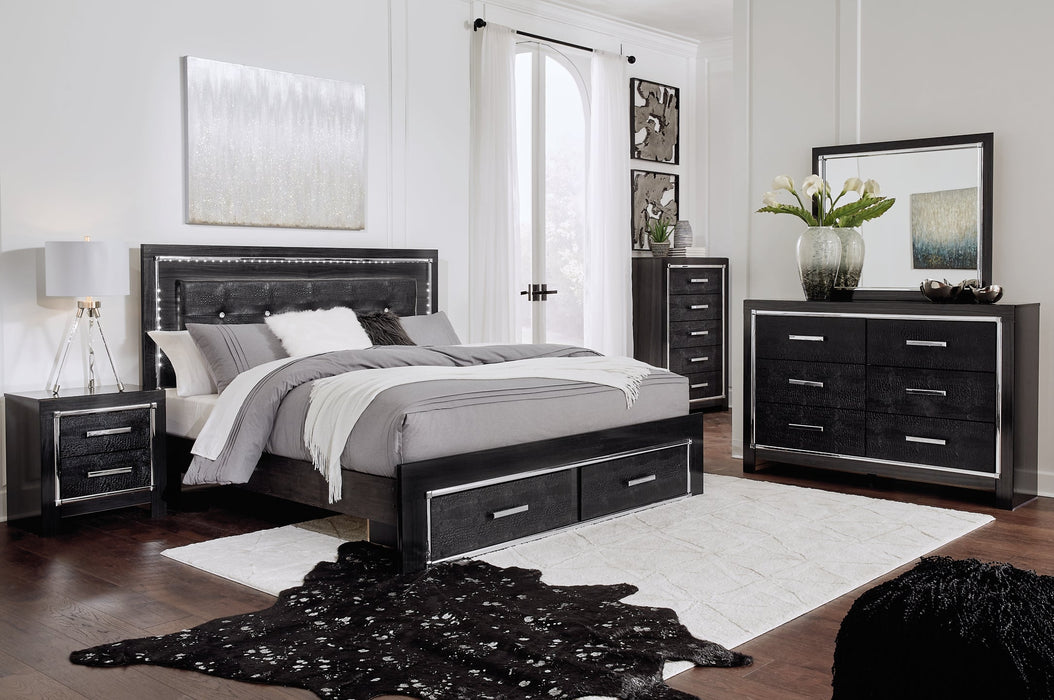 Kaydell King Panel Bed with Storage with Mirrored Dresser, Chest and Nightstand Huntsville Furniture Outlet