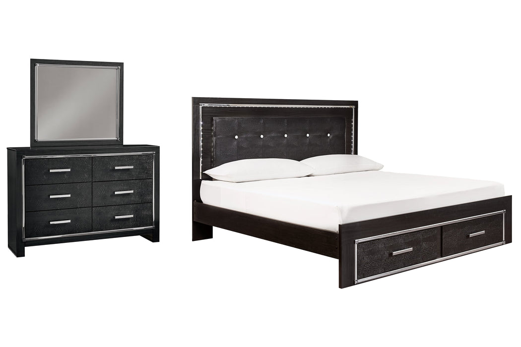 Kaydell King Panel Bed with Storage with Mirrored Dresser Huntsville Furniture Outlet