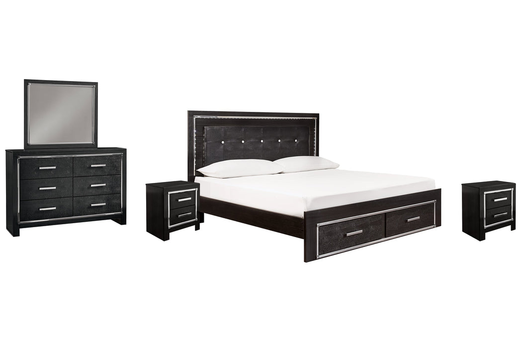 Kaydell King Panel Bed with Storage with Mirrored Dresser and 2 Nightstands Huntsville Furniture Outlet