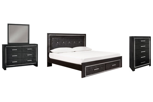 Kaydell King Panel Bed with Storage with Mirrored Dresser and Chest Huntsville Furniture Outlet