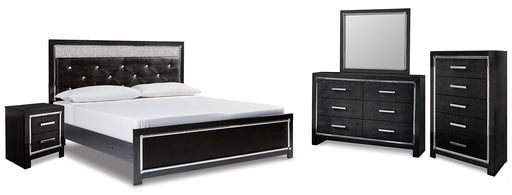 Kaydell King Upholstered Panel Bed with Mirrored Dresser, Chest and Nightstand Huntsville Furniture Outlet