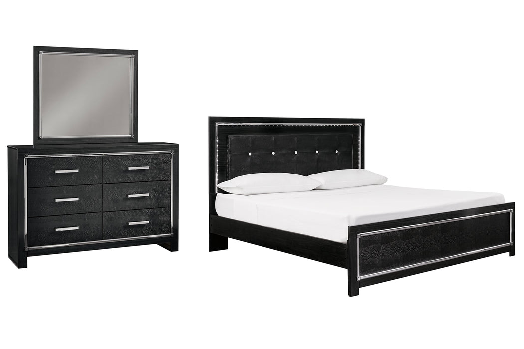 Kaydell King Upholstered Panel Bed with Mirrored Dresser Huntsville Furniture Outlet