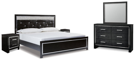 Kaydell King Upholstered Panel Bed with Mirrored Dresser and 2 Nightstands Huntsville Furniture Outlet