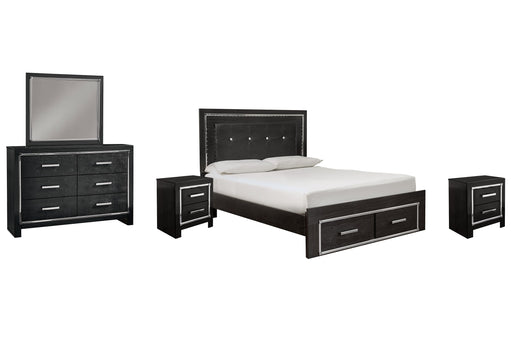 Kaydell King Upholstered Panel Bed with Mirrored Dresser and 2 Nightstands Huntsville Furniture Outlet