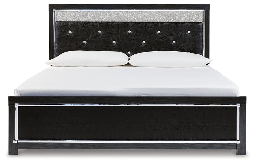 Kaydell King Upholstered Panel Bed with Mirrored Dresser and Chest Huntsville Furniture Outlet