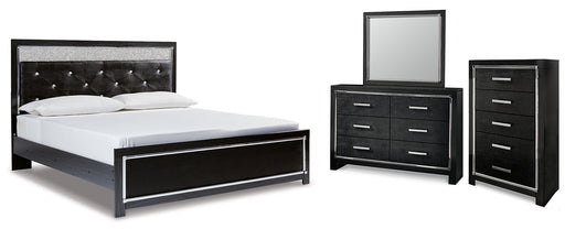 Kaydell King Upholstered Panel Bed with Mirrored Dresser and Chest Huntsville Furniture Outlet