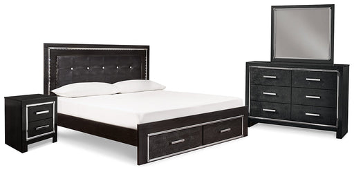 Kaydell King Upholstered Panel Bed with Mirrored Dresser and Nightstand Huntsville Furniture Outlet