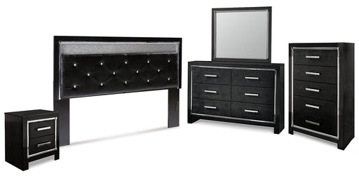 Kaydell King Upholstered Panel Headboard with Mirrored Dresser, Chest and Nightstand Huntsville Furniture Outlet