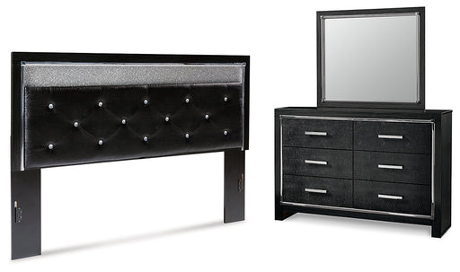 Kaydell King Upholstered Panel Headboard with Mirrored Dresser Huntsville Furniture Outlet