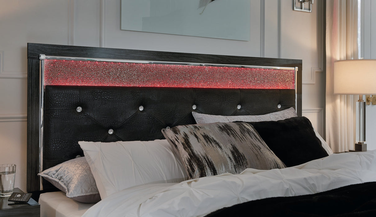 Kaydell King Upholstered Panel Headboard with Mirrored Dresser and 2 Nightstands Huntsville Furniture Outlet