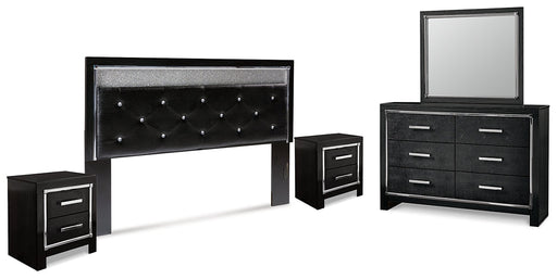 Kaydell King Upholstered Panel Headboard with Mirrored Dresser and 2 Nightstands Huntsville Furniture Outlet