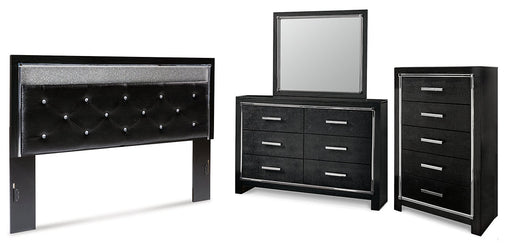 Kaydell King Upholstered Panel Headboard with Mirrored Dresser and Chest Huntsville Furniture Outlet