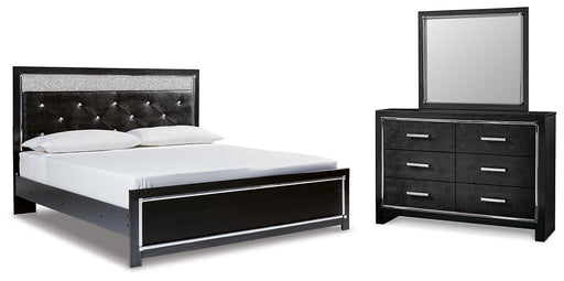 Kaydell King Upholstered Panel Platform Bed with Mirrored Dresser Huntsville Furniture Outlet