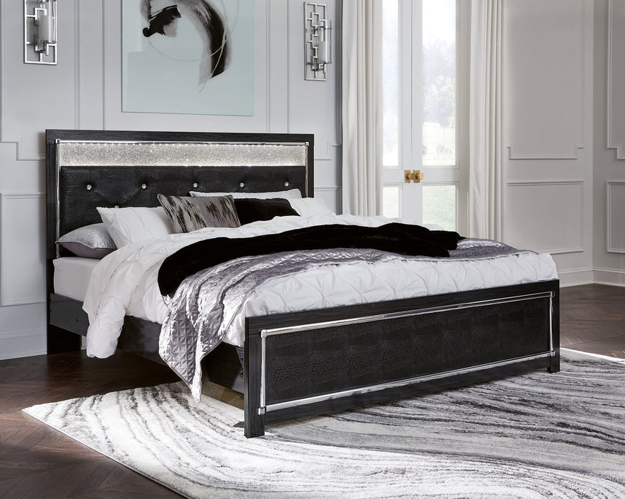 Kaydell King Upholstered Panel Platform Bed with Mirrored Dresser and Chest Huntsville Furniture Outlet