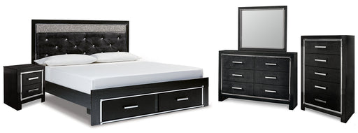 Kaydell King Upholstered Panel Storage Bed with Mirrored Dresser, Chest and Nightstand Huntsville Furniture Outlet