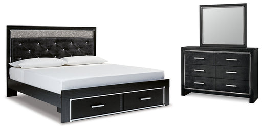 Kaydell King Upholstered Panel Storage Bed with Mirrored Dresser Huntsville Furniture Outlet