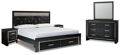 Kaydell King Upholstered Panel Storage Bed with Mirrored Dresser and 2 Nightstands Huntsville Furniture Outlet