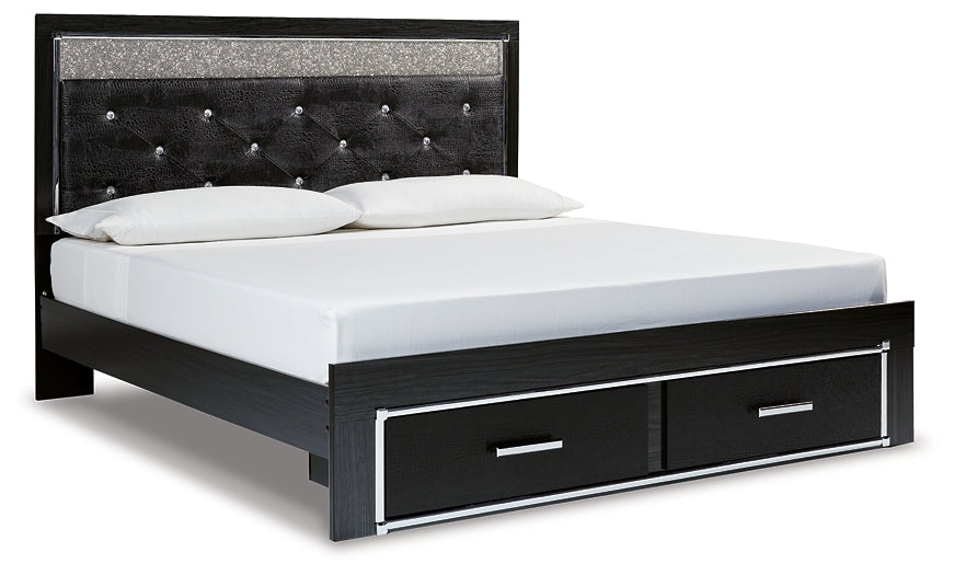 Kaydell King Upholstered Panel Storage Bed with Mirrored Dresser and Chest Huntsville Furniture Outlet