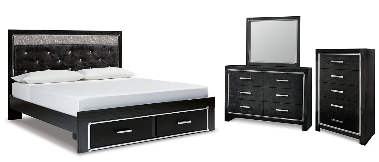 Kaydell King Upholstered Panel Storage Bed with Mirrored Dresser and Chest Huntsville Furniture Outlet