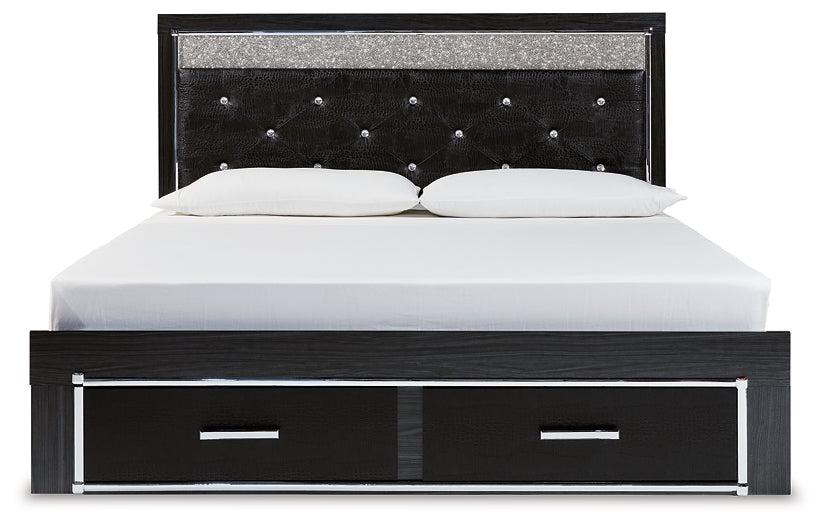 Kaydell King Upholstered Panel Storage Bed with Mirrored Dresser and Chest Huntsville Furniture Outlet