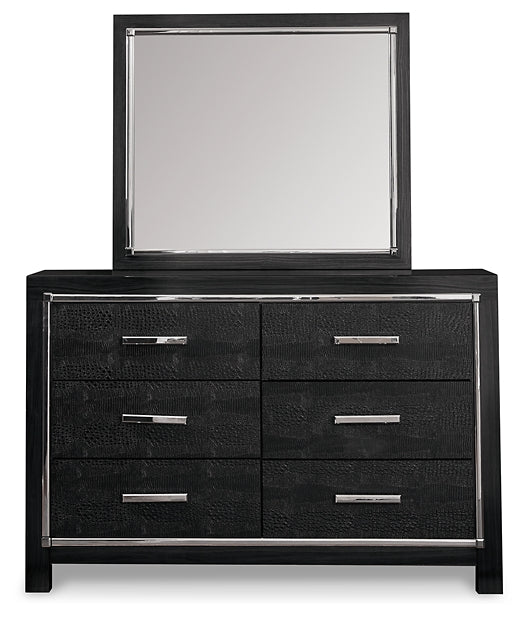 Kaydell King Upholstered Panel Storage Bed with Mirrored Dresser and Chest Huntsville Furniture Outlet