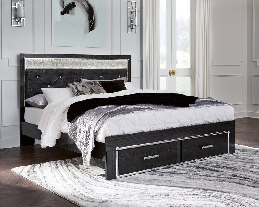 Kaydell King Upholstered Panel Storage Bed with Mirrored Dresser and Chest Huntsville Furniture Outlet