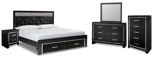 Kaydell King Upholstered Panel Storage Platform Bed with Mirrored Dresser, Chest and Nightstand Huntsville Furniture Outlet