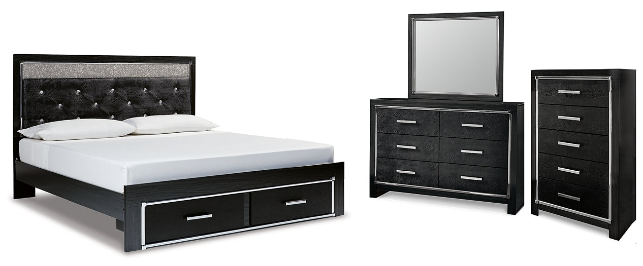 Kaydell King Upholstered Panel Storage Platform Bed with Mirrored Dresser and Chest Huntsville Furniture Outlet