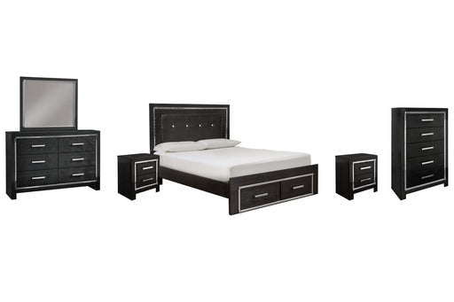 Kaydell Queen Panel Bed with Storage with Mirrored Dresser, Chest and 2 Nightstands Huntsville Furniture Outlet