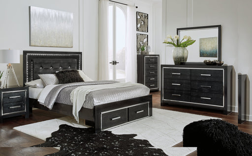 Kaydell Queen Panel Bed with Storage with Mirrored Dresser, Chest and Nightstand Huntsville Furniture Outlet