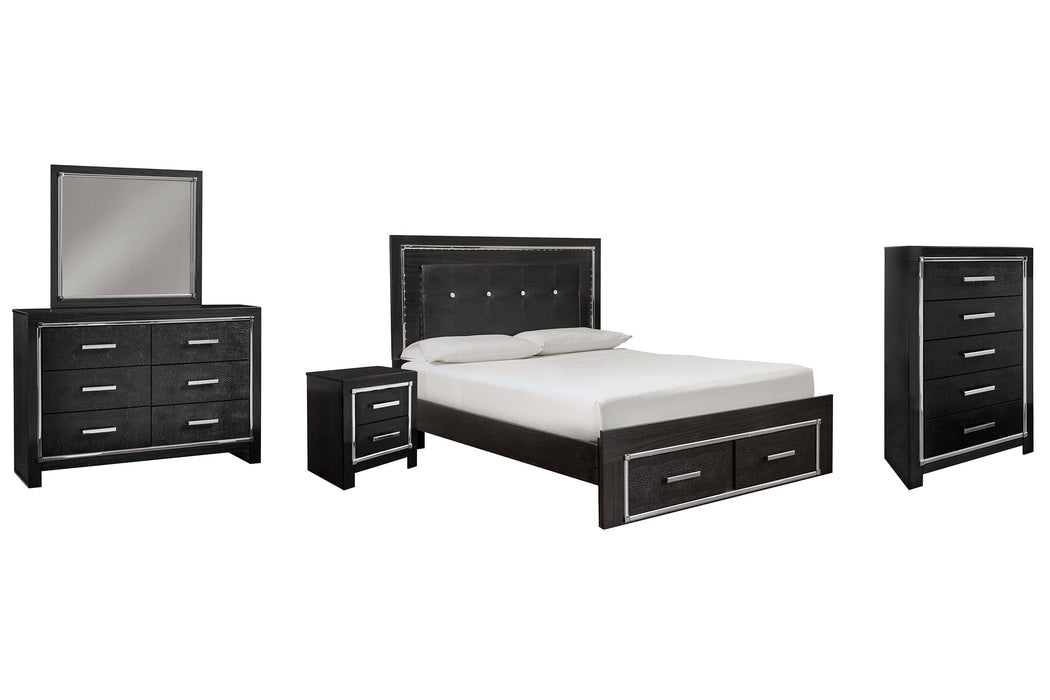 Kaydell Queen Panel Bed with Storage with Mirrored Dresser, Chest and Nightstand Huntsville Furniture Outlet