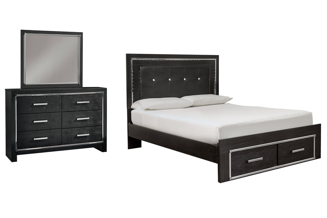 Kaydell Queen Panel Bed with Storage with Mirrored Dresser Huntsville Furniture Outlet