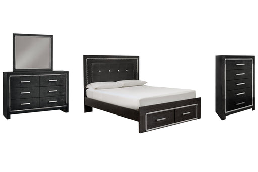 Kaydell Queen Panel Bed with Storage with Mirrored Dresser and Chest Huntsville Furniture Outlet